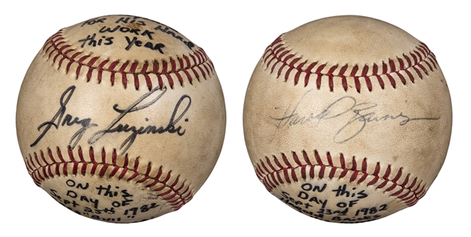 Lot of (2) Harold Baines and Greg Luzinski Game Used, Signed & Inscribed Baseballs Each Hit For 100th Career RBI (Beckett)